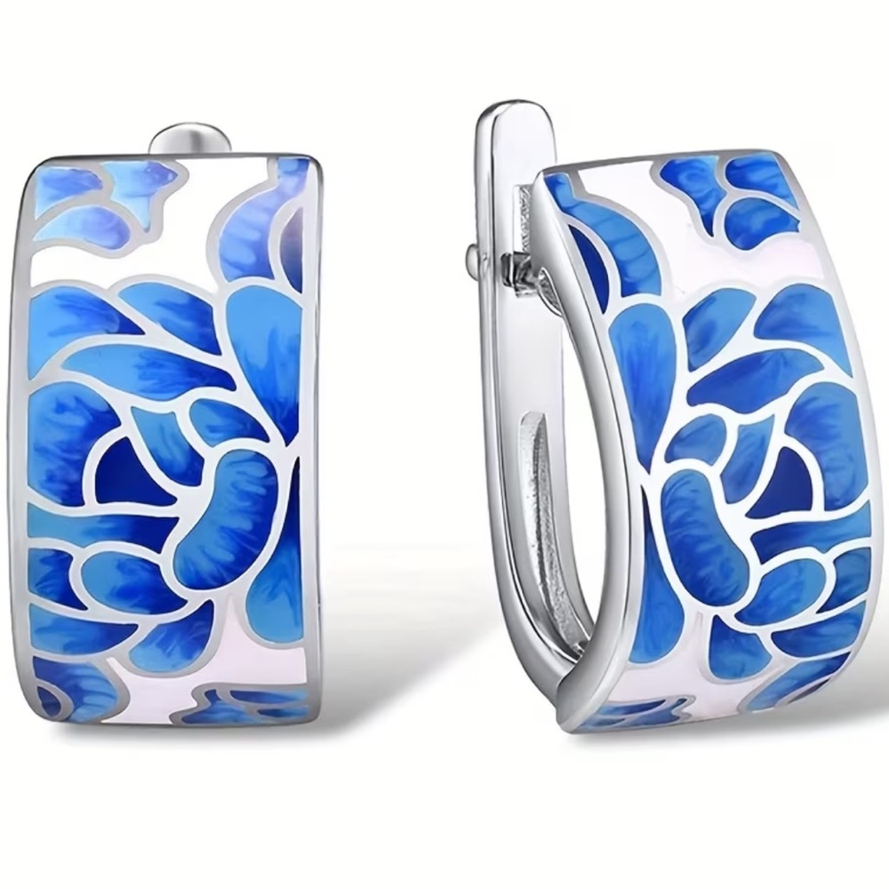 NEW Blue and Silver Floral Porcelain Silver Earrings
